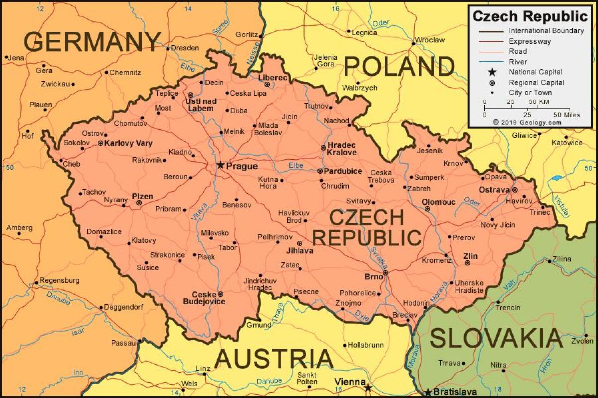 Mapa Republiki Czeskiej (Czechosłowacji) i krajów graniczących z nią