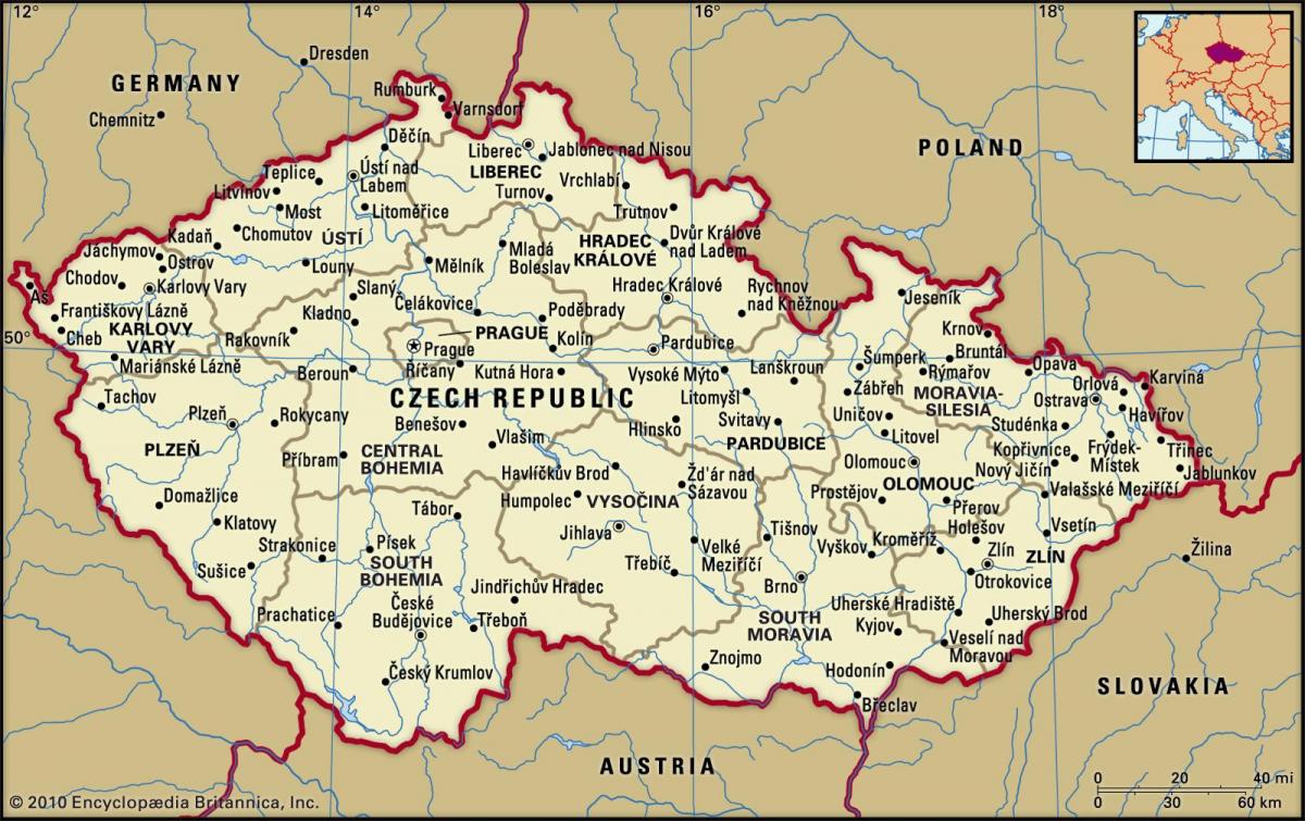 Mapa Republiki Czeskiej (Czechosłowacji) z głównymi miastami